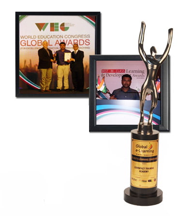 Global e-Learning trophy engraved LearnPact Training Academy with award-ceremony photographs