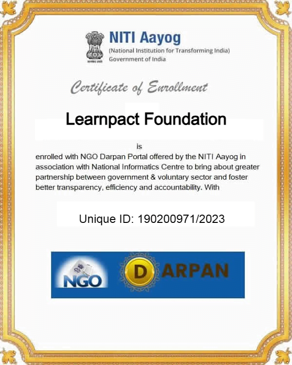NGO Darpan Certificate of Excellence issued to Learnpact Foundation by NITI Aayog