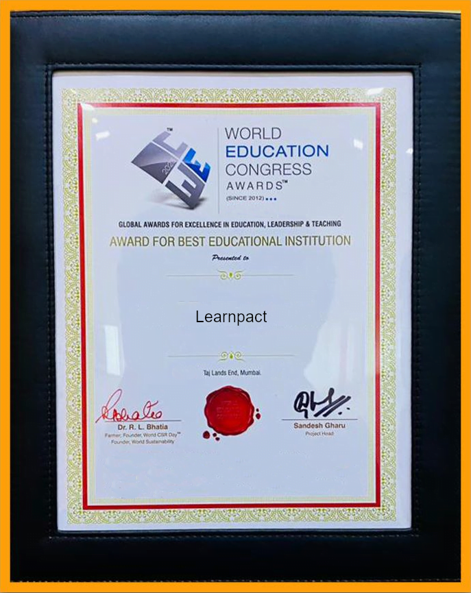 Framed World Education Congress certificate naming LearnPact Best Educational Institution